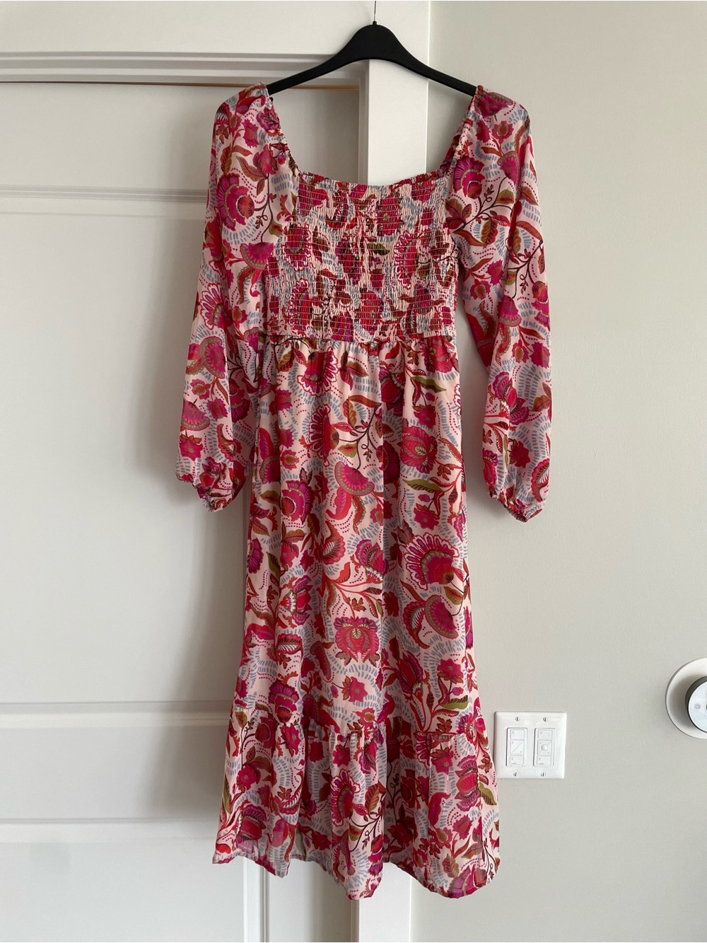 Japna Pink Floral Long Sleeve Smocked Midi Dress